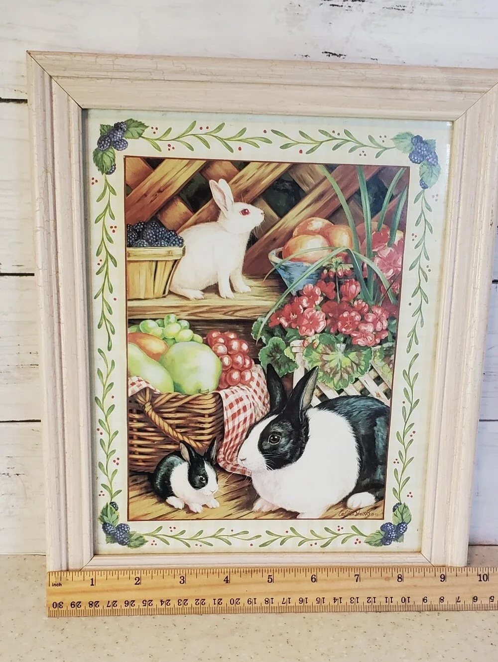 Vintage Cottagecore Bunny Rabbit Framed Print Glass Wall Art Grandmacore 9.5x11.